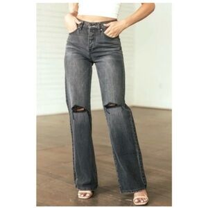 KANCAN Wide Leg High Waist Distressed Knee Vintage Wash Black Jeans